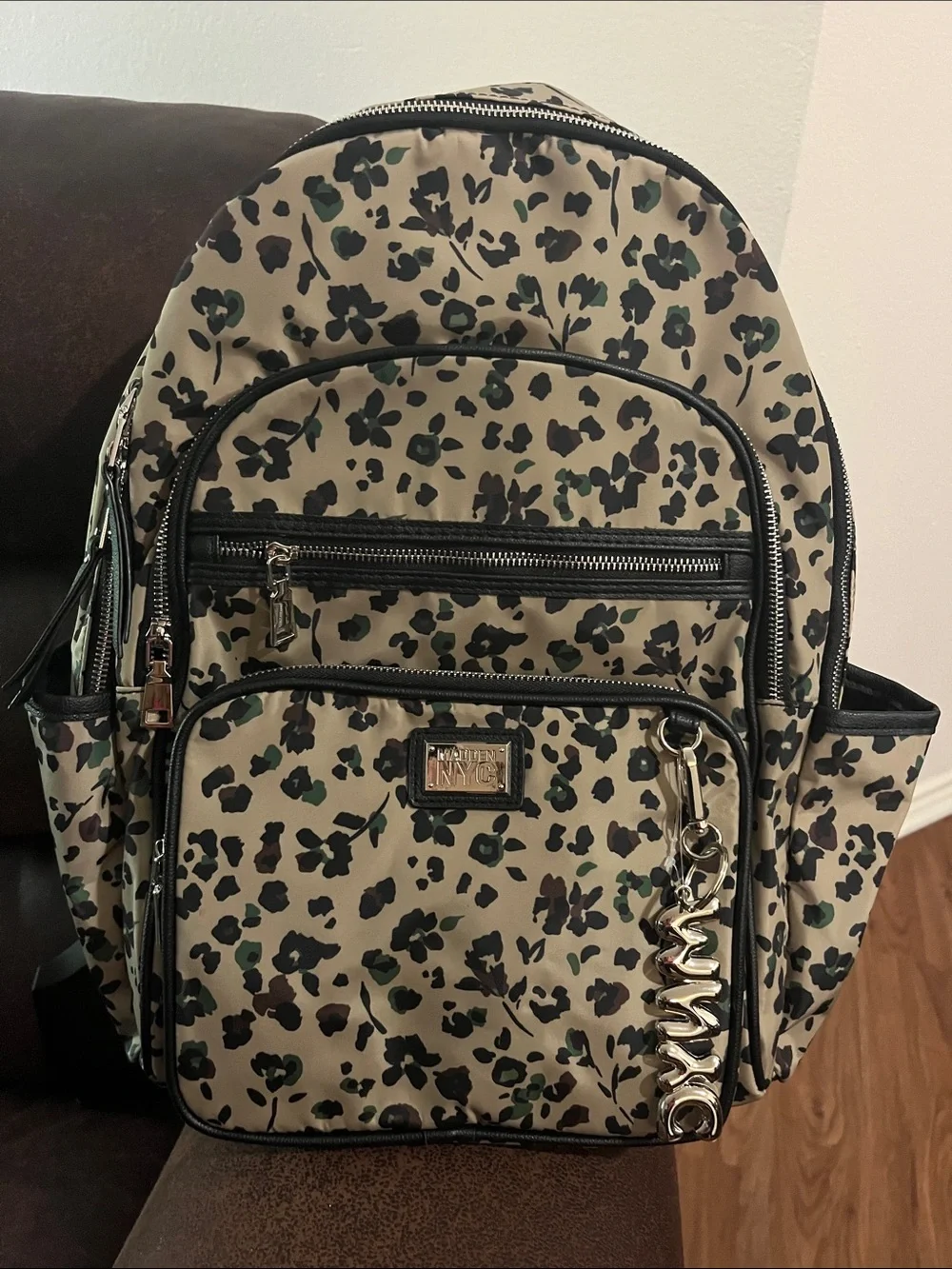 Blank NYC Leopard-Print Tan and Black Backpack with Charm